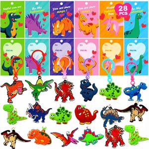 28 Pack Valentines Dinosaur Keychains with Cards , Valentines Day Gifts For Kids Dinosaur Valentine Day Cards Bulk Classroom School Exchange Prize Valentines Party Favors for Kids Boy Girl