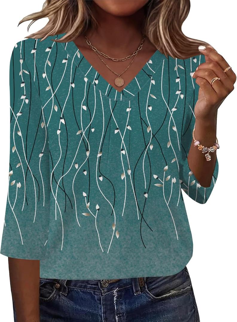 AKEWEI 3/4 Length Sleeve Womens Tops V Neck T Shirts Dressy Casual Pleated Spring Fashion 2026 Work Blouses (XX-Large, Blue Wicker)