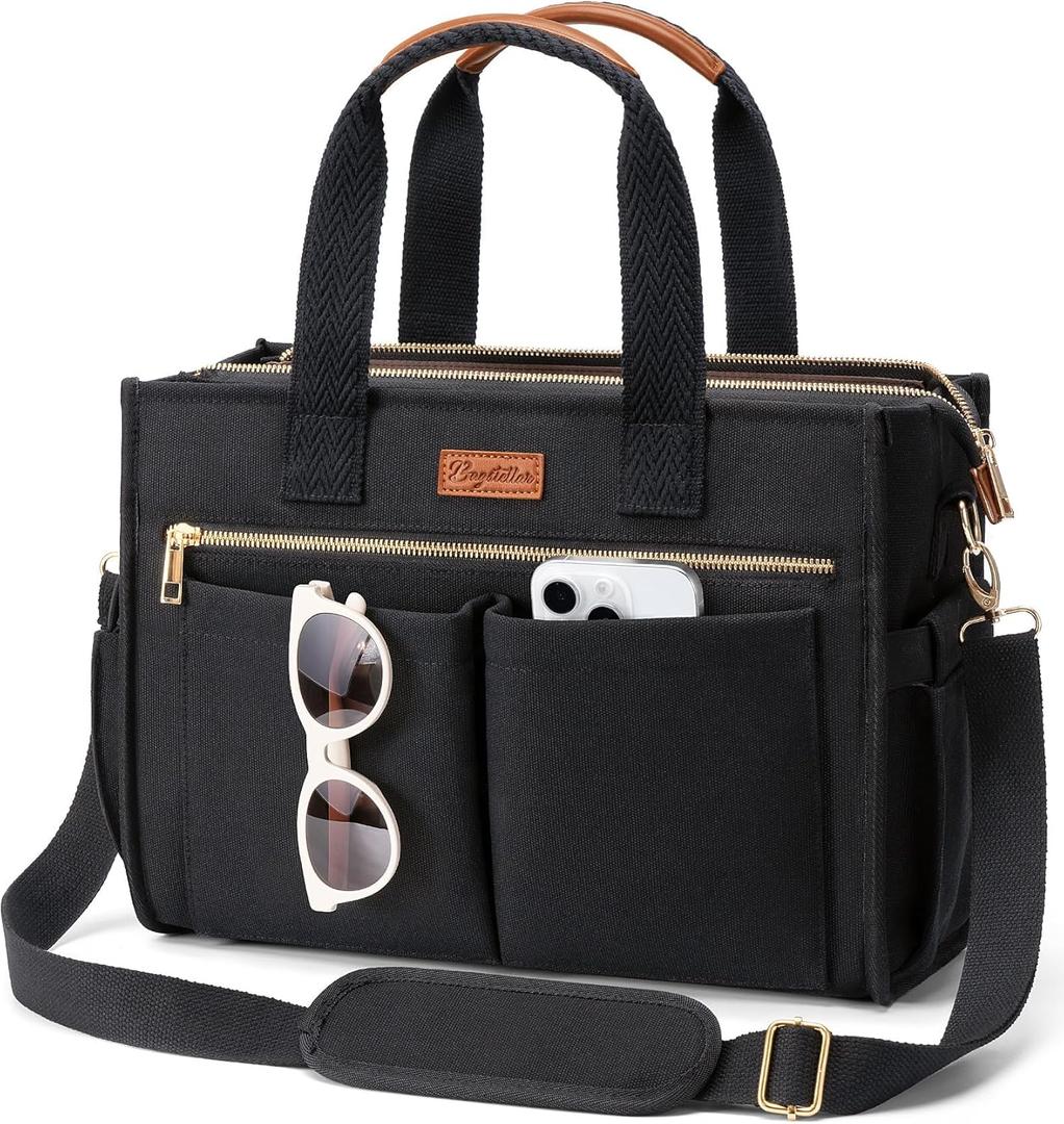 Canvas Tote Bag for Women, 15-Pockets Work Laptop Tote Purse Large Crossbody Nurse Teacher Bible Bag for School Travel Daily | with Strap & Zipper, Multi Compartment, Stand Upright Stably, College Shoulder Bag, Clinical Nursing Bag, Ideal Gift for Women (Medium-14inch, M1.black)