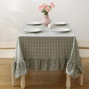 Sage Green Plaid Ruffled Long Table Cloth Rectangular Fits 8-10 Seater Table, 100% Washed Cotton Buffet Cottage Coquette Checker Gingham Vintage Decorative Tablecloth - 120"x60", 