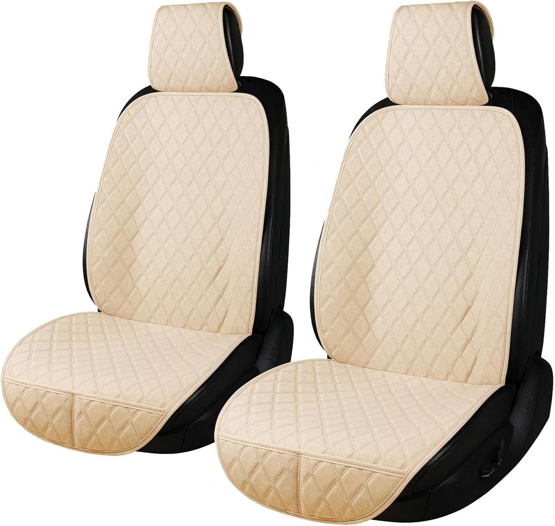 2PCS Linen Front Seat Covers for Cars Sideless Seat Covers Breathable Cloth Fabric Car Seat Protector Universal Fit Most Automotive, SUV, Trucks, Van(Beige)