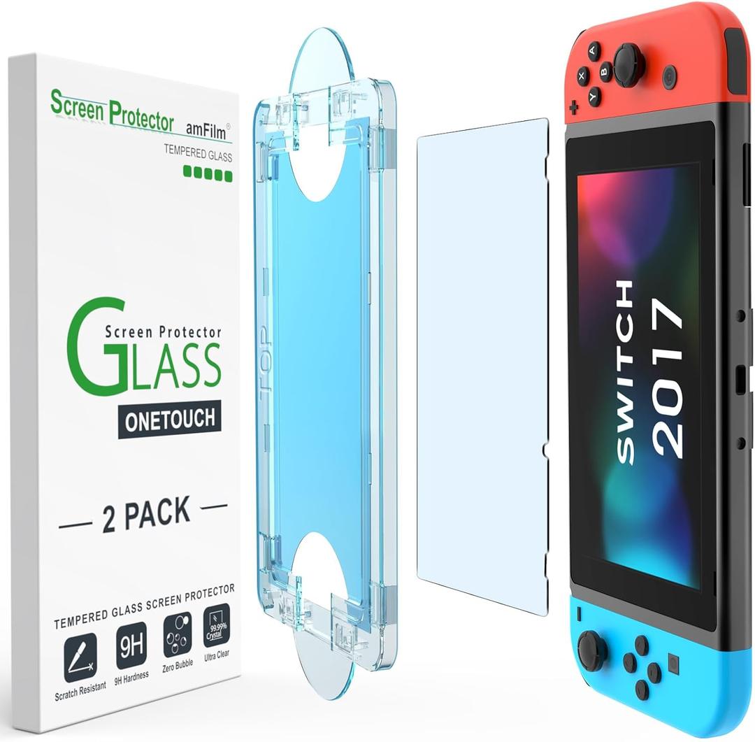 AmFilm AutoAlignment OneTouch for Nintendo Switch 6.2" 2017 Screen Protector, Tempered Glass, 30 seconds Installation, Bubble Free, AntiScratch, Touch Sensitive, UltraClear [2 Pack]