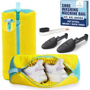 Shoe Washing Machine Bag –2 Pcs Reusable Laundry Shoe Bag with Brush & Shoe Trees, 360° Deep Cleaning Sneaker Washing Machine Bag, Fits All Shoe Types & Sizes (Yellow, 14.8 × 7.4 Inches)