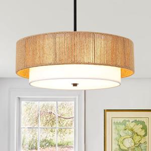 18" Double-Drum Hemp Rope Farmhouse Pendant Light Bohemian RattanChandelier Semi-Flush Handwoven Design for Dining Room, Bedroom, Living Room & Kitchen Island