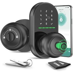 Keypad Smart Door Lock with Knob, Keyless Entry Door Lock, Fingerprint Door Knob for Front Door, Electronic Code, App Remote Control, Easy Installation, Auto Lock,deep Black
