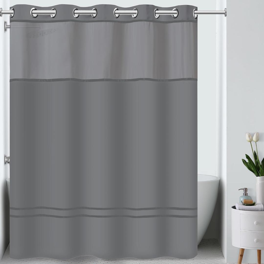Hookless It's A Snap! Escape Shower Curtain, 3-in-1 Includes Fabric Shower Curtain with Sheer Top Window, Flex-On Rings & Fabric Liner, 71" x 74", Graphite