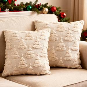 Christmas Tree Pillow Covers 18x18 Set of 2 Beige Soft Plush Faux Fur Xmas Pillowcases Throw Pillows Winter Cushion Covers for Sofa Couch Bedroom Christmas Decor (Beige-Christmas Tree)