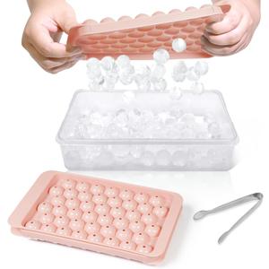 WIBIMEN Ice Cube Tray with Lid and Bin - Round Ice Trays for Freezer with Lid - Ice Cube Trays for Freezer with Ice Container (0.8"-2PACK Pink)