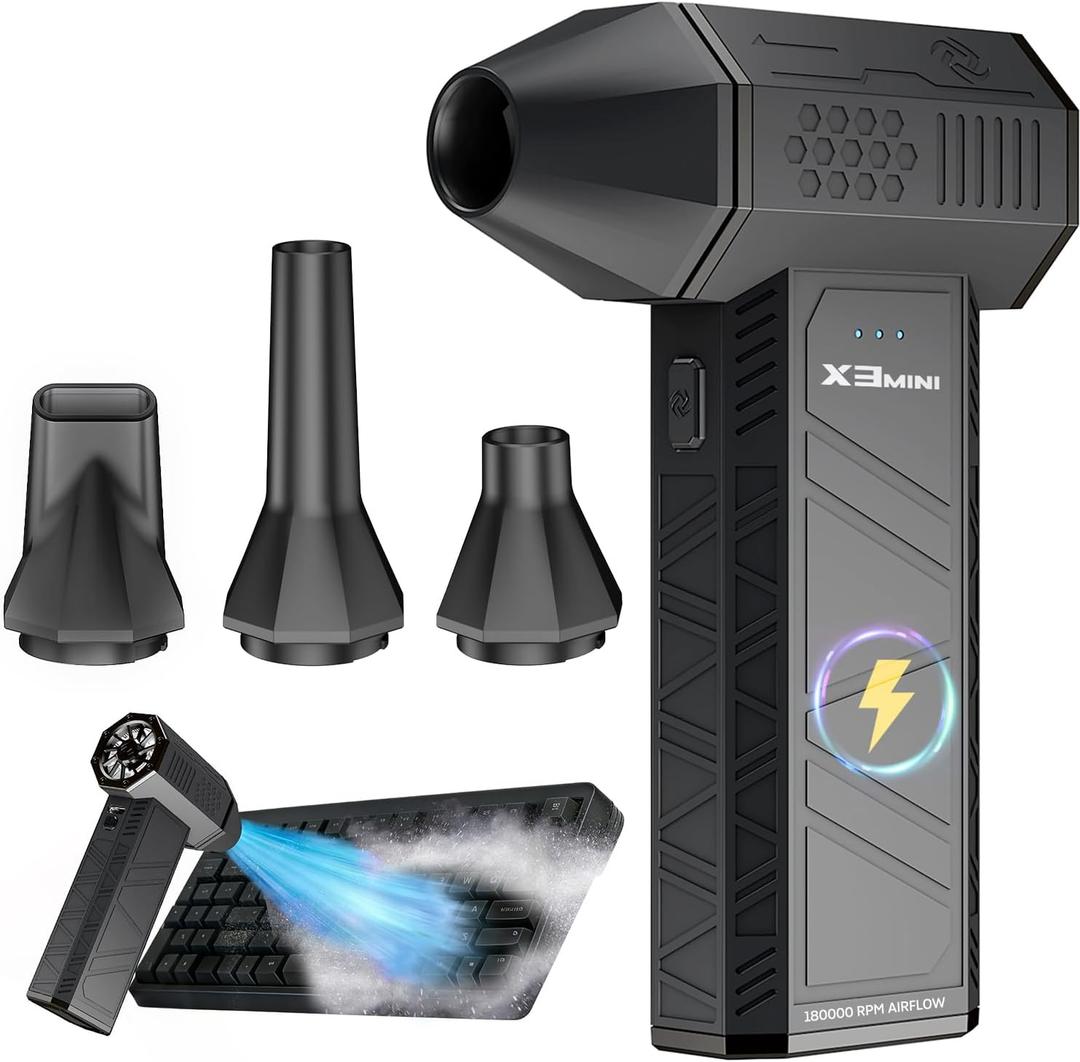 Compressed Air Duster, 180000RPM Electric Air Duster, Rechargeable Cordless Air Blower with 3-Gear Turbo Fan, Canned Air Alternative for Keyboard, PC, Computer, Car, Home & Outdoor Use (Pure Black)