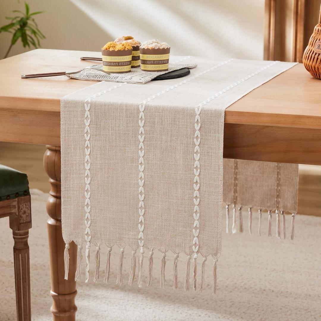 Braided Farmhouse Table Runner,Braided Taupe 13x108 Inch, Cotton Linen Table Runners 108 Inches Long, Embroidered Striped Taupe Boho Table Runner Rustic Home Decor