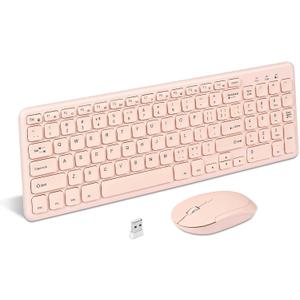 HW156 2.4GHz Wireless Keyboard and Mouse Set, 96 Keys Full-Size Ultra Thin Silent Lightweight, Shared USB Receiver, Optical Mouse Combo for Laptop PC Desktops Computer/Windows/Mac/iMac (Pink)