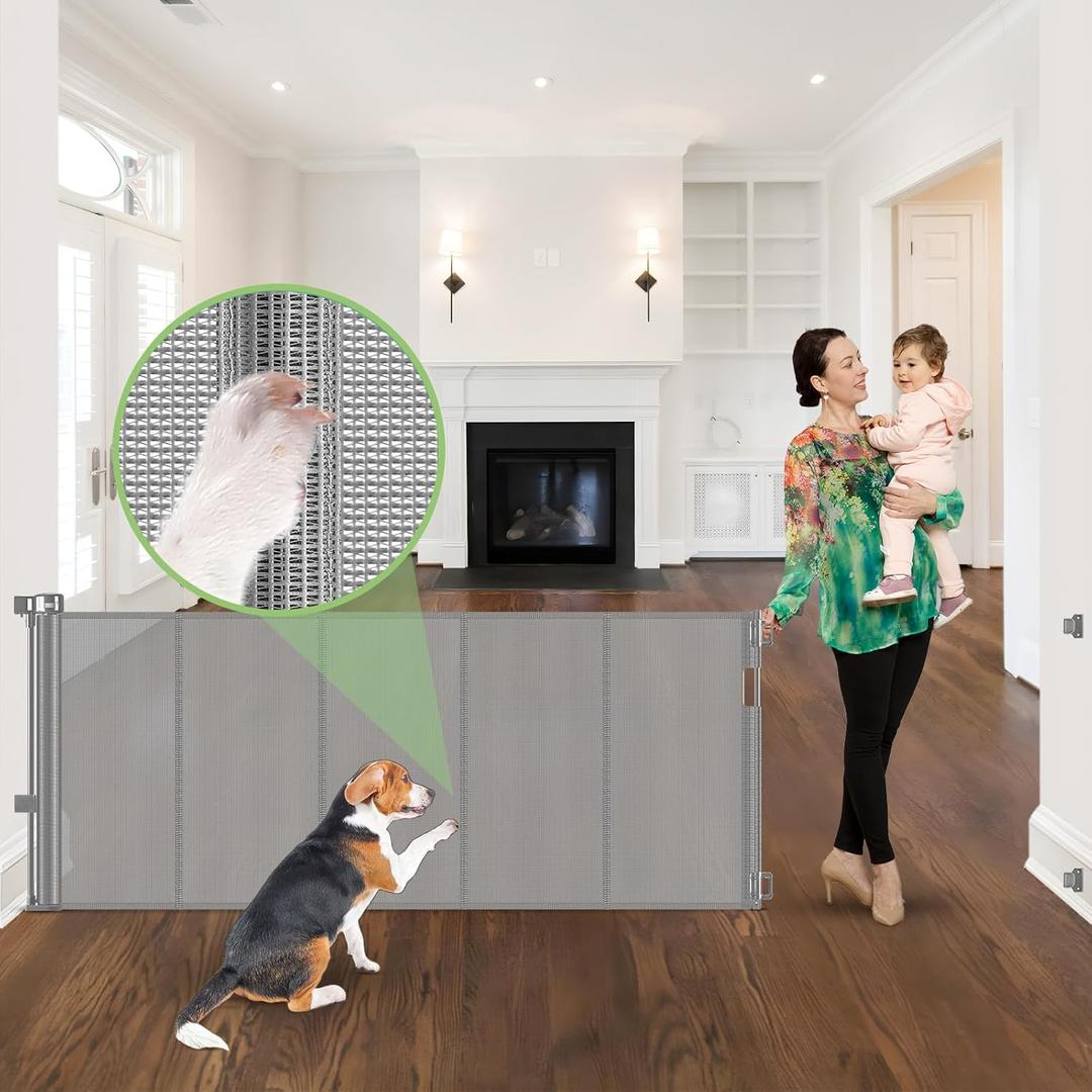 96 Inch Wide Reinforced Retractable Dog Gate with Support Rods - Prevent Crawling Under, Extra Long Retractable Baby Gate Large Dog Gate Indoor/Outdoor Retractable Pet Gate, Gray, (33" Tall x 96" Wide)