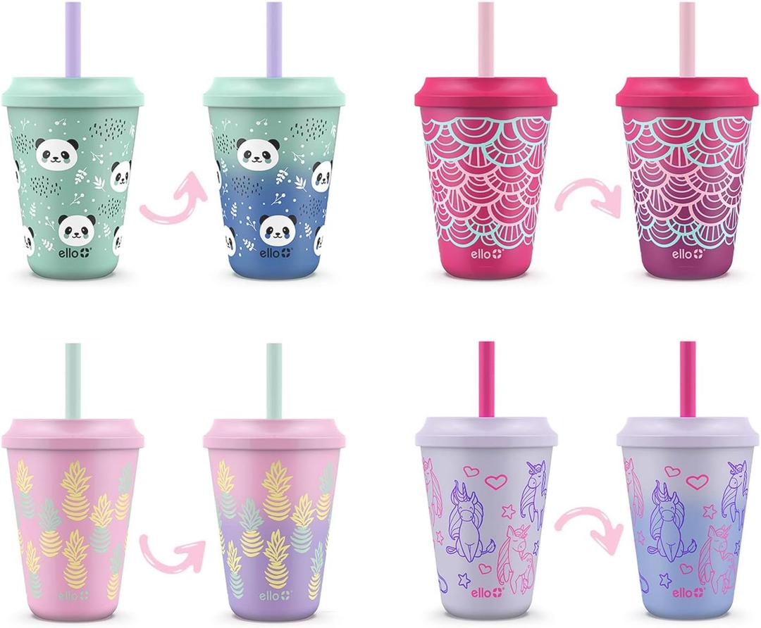 Ello 12oz Kids Plastic Reusable Color Changing Cups with Twist on Splash-Proof Lids and Straw, BPA Free, Dishwasher Safe (4 Pack Fruit Pop)