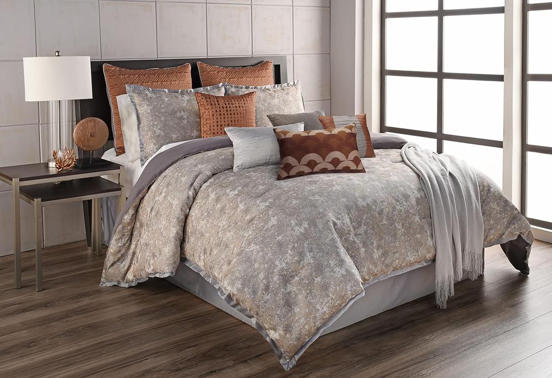 Riverbrook Home Elegant Collection Comforter Set, King, Aileen - Gray/Spice, 12-Piece Set