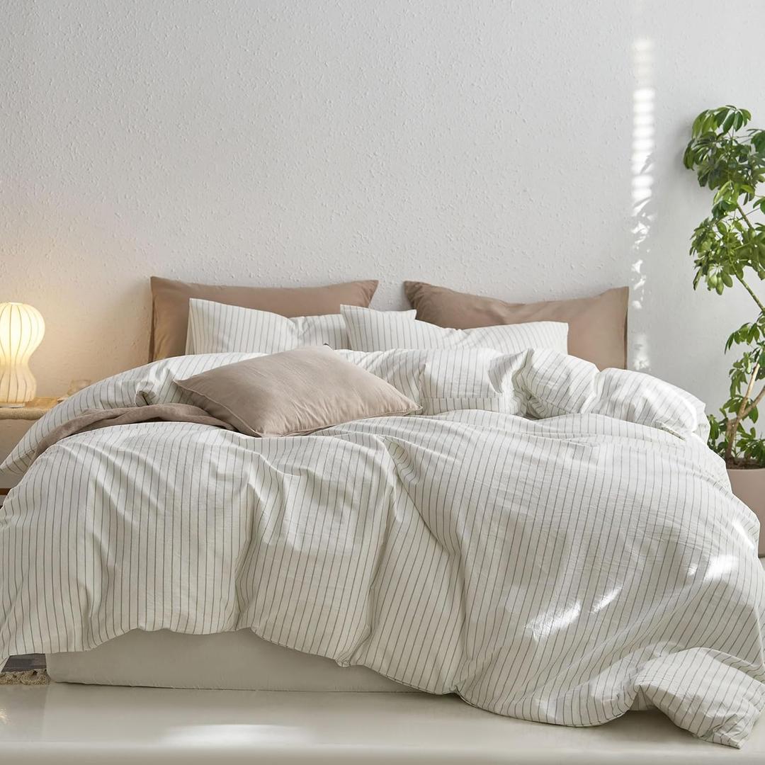 MooMee Striped Duvet Cover Set 100% Washed Cotton Linen Like Textured Breathable Durable Soft Comfy (White Sage Green Wide Stripes, Queen 90"x90")