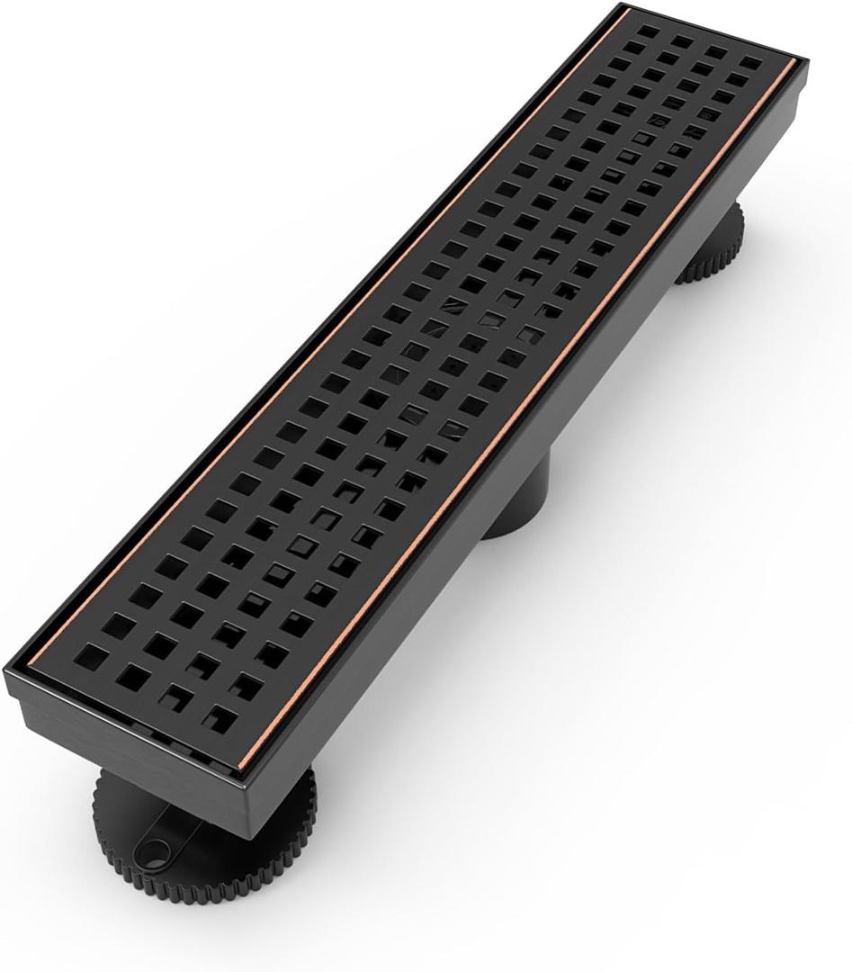 WEBANG 12 Inch Linear Shower Drain Rectangular Floor Drain with Accessories Square Hole Pattern Cover Grate Removable SUS304 Stainless Steel CUPC Certified Oil Rubbed Bronze