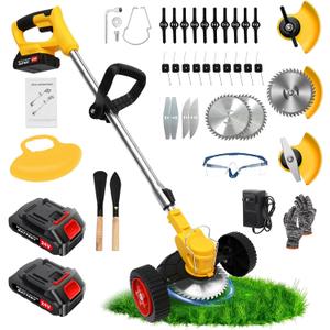 24V Electric Weed Wacker Cordless Grass Trimmer with 2x2000mAh Batteries & Fast Charger, 3 in 1 Stringless Lightweight Brush Cutter/Edger/Mower with 3 Types Blade & Wheels for Garden and Yard Lawn (Yellow)