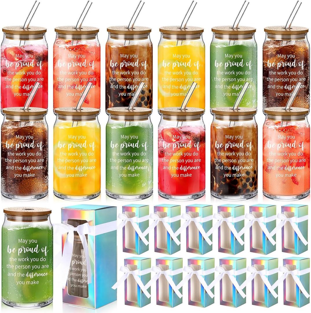 Layhit 12 Set Employee Appreciation Gifts Bulk Thank You Glass Cups for Staff Coworker 16 oz Can Shaped Beer Glass with Lids Straws Brushes Ribbon and Gift Boxes for Women Nurse Teachers Day(Proud)