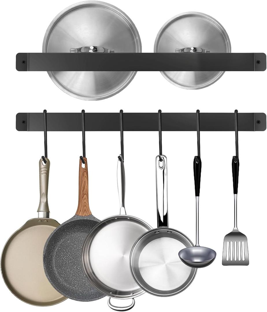 2 Pack Steel-made Kitchen Utensil Rack Organizer Wall-mounted Pot Pans Wall Hanger Holder for Coffee Mug Rack Cup Hanging Kitchen Black with 10 S Hooks