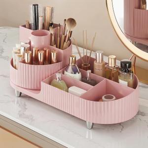 Booklov Rotating Makeup Caddy Organizer for Vanity, Large Capacity Cosmetic Display Case, Countertop Beauty Storage Holder for Skincare, Brush Eyeshadow Lipstick, Counter Desk Organization, Pink (L01)