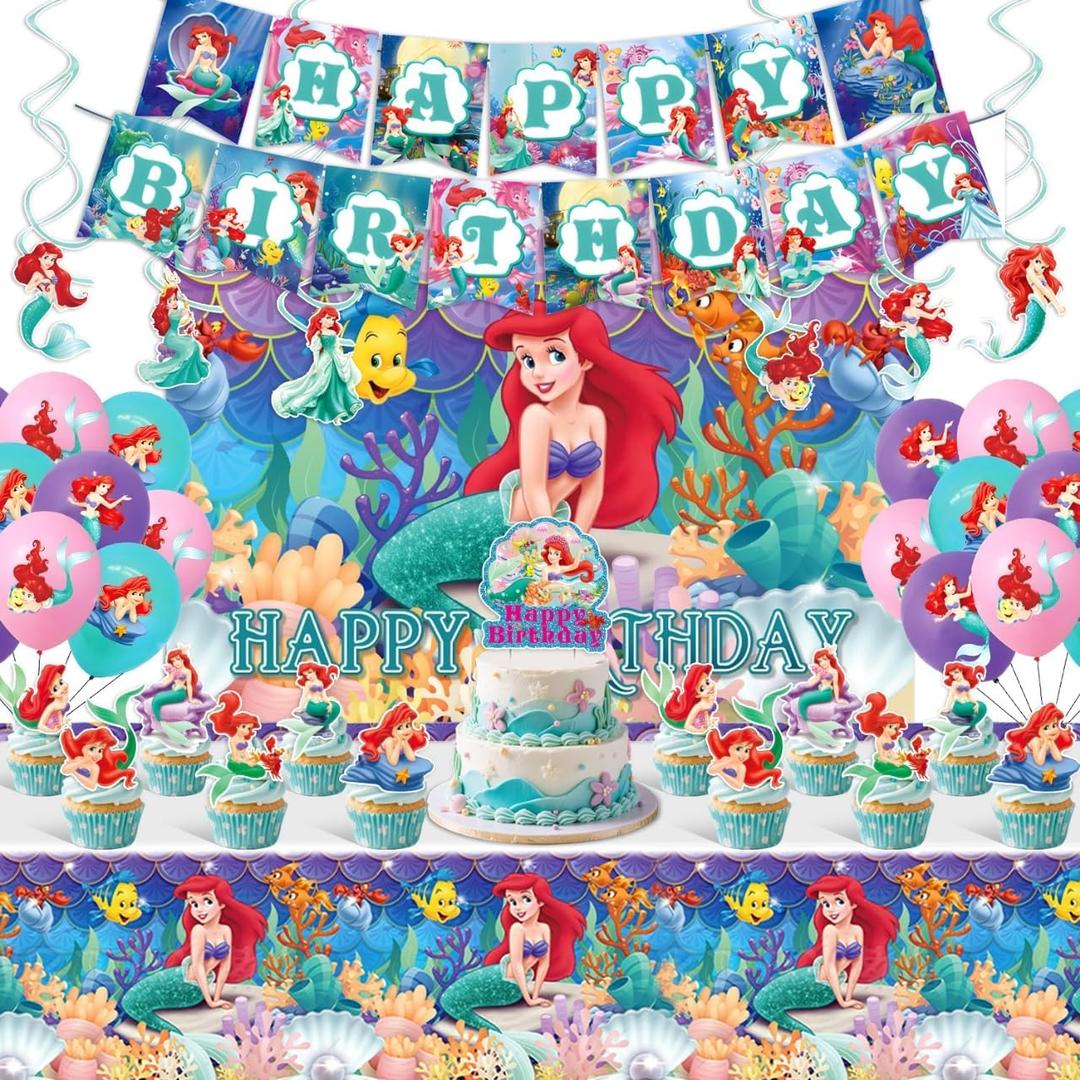 Ariel Birthday Party Supplies, Party Decorations Set Include Banner, Backdrop, Tablecloth, Balloons, Hanging Swirls, Cake Cupcake Toppers for Girls Little Mermaid Party Decorations