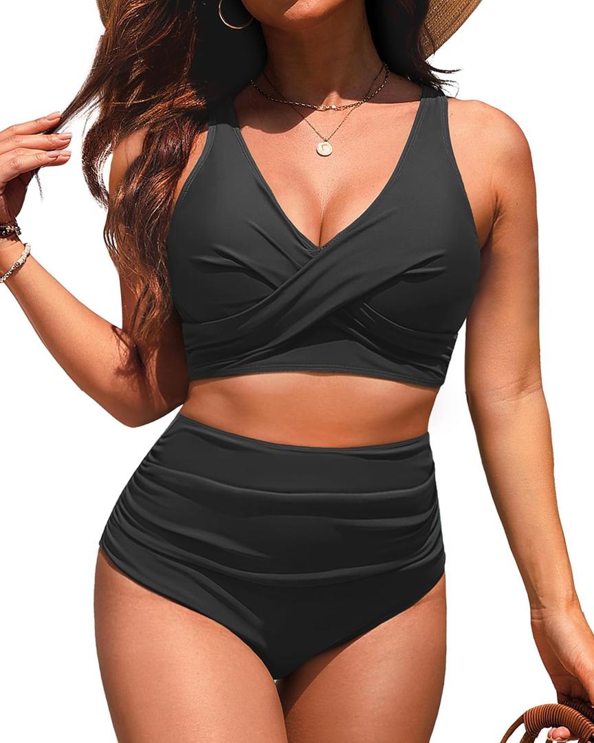 Yonique High Waisted Two Piece Swimsuit-Womens Bikini Set Tummy Control Bathing Suit Modest Full Coverage Bikini 2025 (Medium, Black)