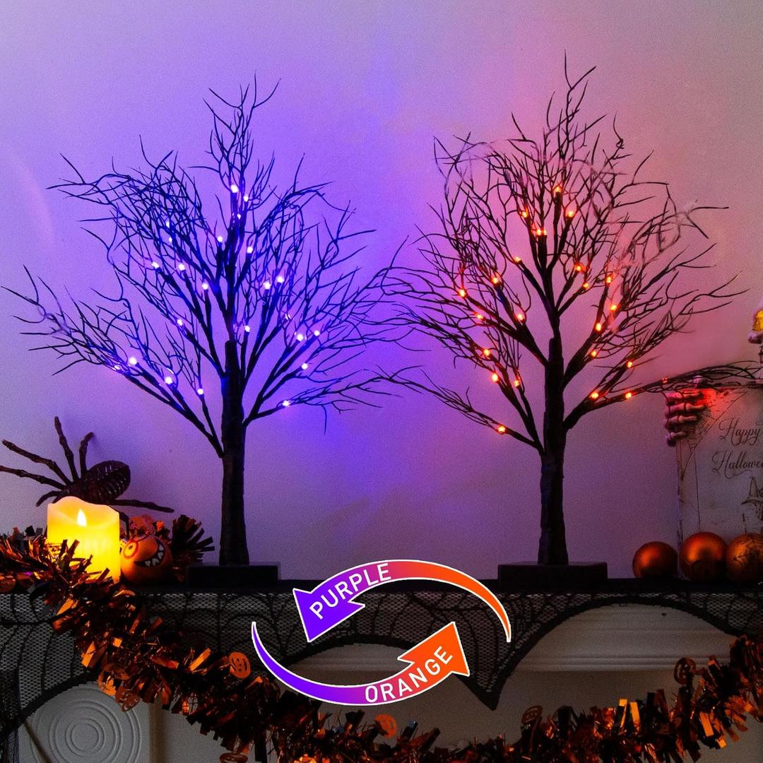 2 Pack Halloween Tree, Vanthylit Black Tree with Orange Purple Bi-Color Led Lights 6 Functions, USB & Battery Operated Lighted Willow Branch for Indoor Halloween Decorations (22 inch,24 LED)