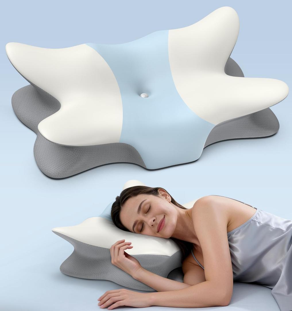 Cervical Pillow for Neck and Shoulder Pain Relief - Ergonomic Neck Pillow for Sleeping, Contour Memory Foam Pillows Side Sleeper Pillow for Neck Support, Bed Pillow for Side Back Stomach Sleepers (White & Blue)