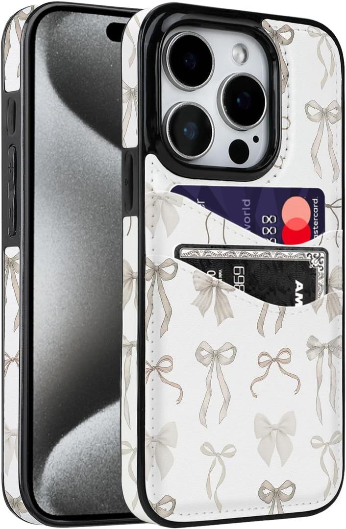 For iPhone 15 Pro 6.1 inch Case with Card Holder Soft Leather Wallet Case Protective Shockproof Hard Cover for Women Man (Pastel Ribbon Bow, iPhone 15 Pro 6.1 inch)