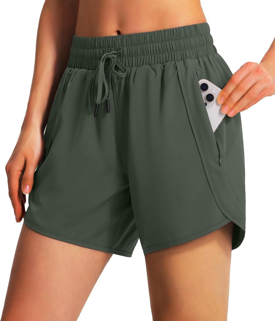 Ksmien Women's 5"/ 7" Athletic Running Shorts Quick Dry Lightweight Workout Gym Shorts with Zipper Pockets UPF 50+ (Olive Green), S