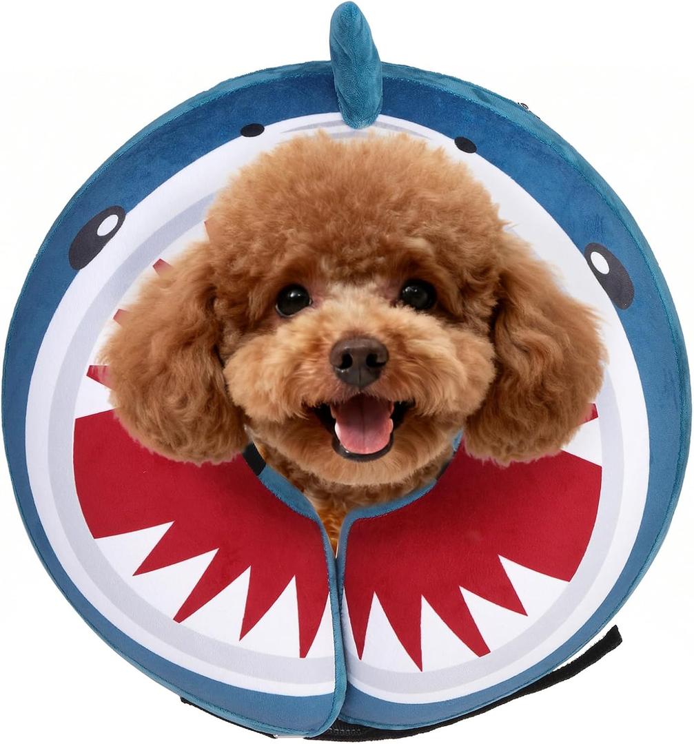 SCENEREAL Dog Cone Alternative After Surgery Pet Recovery Collar for  Dogs Cats, Adjustable Inflatable Donut to Prevent Licking, Shark Print E-Collars S