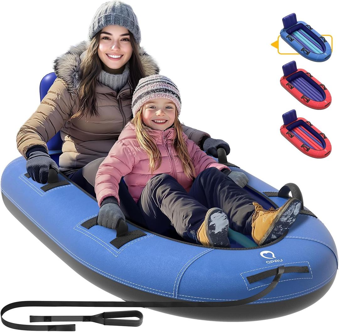 QPAU Snow Sled with Premium Canvas Cover, 2 Person Inflatable Heavy Duty Snow Tube with Reinforced Handles, Snow Sleds for Kids and Adults, Winter Toboggan Outdoor Toys Gifts for Family