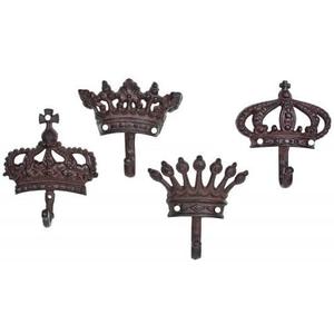 HomeOffice Cast Iron Crown Wall Hooks, Set of 4, 5" x 5"