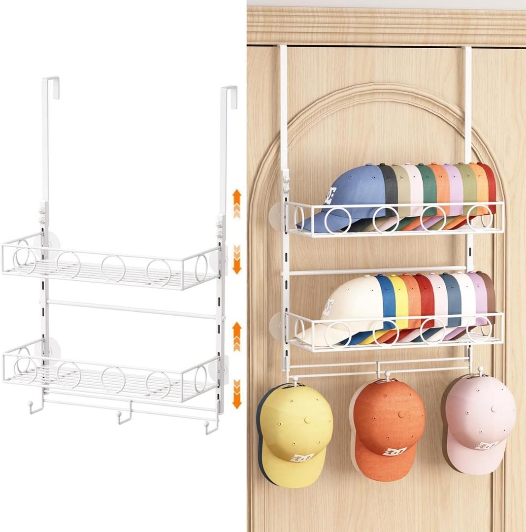 Over Door Hat Organizer 3 Tier Wall Mounted Hat Rack with 2 Adjustable Metal Basket and 3 Hooks Hat Organizer for Baseball caps Hat Hanger Holder Display for Door Closet, Cap Organizer Storage (White)