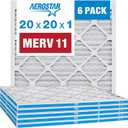 Aerostar 20x20x1 MERV 11 - 6 Count - Pleated HVAC, Furnace & Air Conditioner Filters - Removes Dust, Cold & Flu Germs, Lint, Mold, Pet Dander, Allergy-Causing Pollen, Smog & Smoke