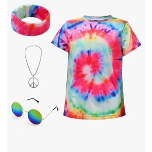 70s Hippie Costume for Kids Colorful Tie Dye Shirt Boys Girls 4Pcs Accessories Set for Halloween Party Cosplay, L