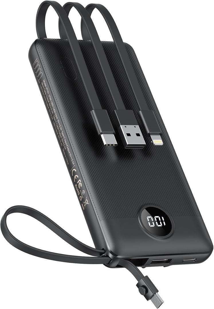 VEEKTOMX Portable Charger with Built-in Cables 10000mAh Power Bank for iPhone Slim Fast Charge USB C Battery Pack Travel Essentials Powerbank Compatible with iPhone, Samsung, Android, etc (10000mAh Black)