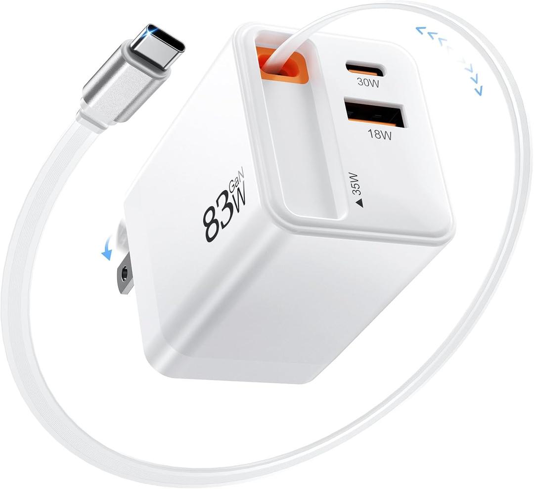 83W Retractable USB C Charger, Retractable Charger with Type C Cable and QC18W PD30W Port, PD PPS Fast Charging Block with Foldable Plug for iPhone 17 16 15 14 13 12 11, Galaxy, LG, Pixel, Tablet