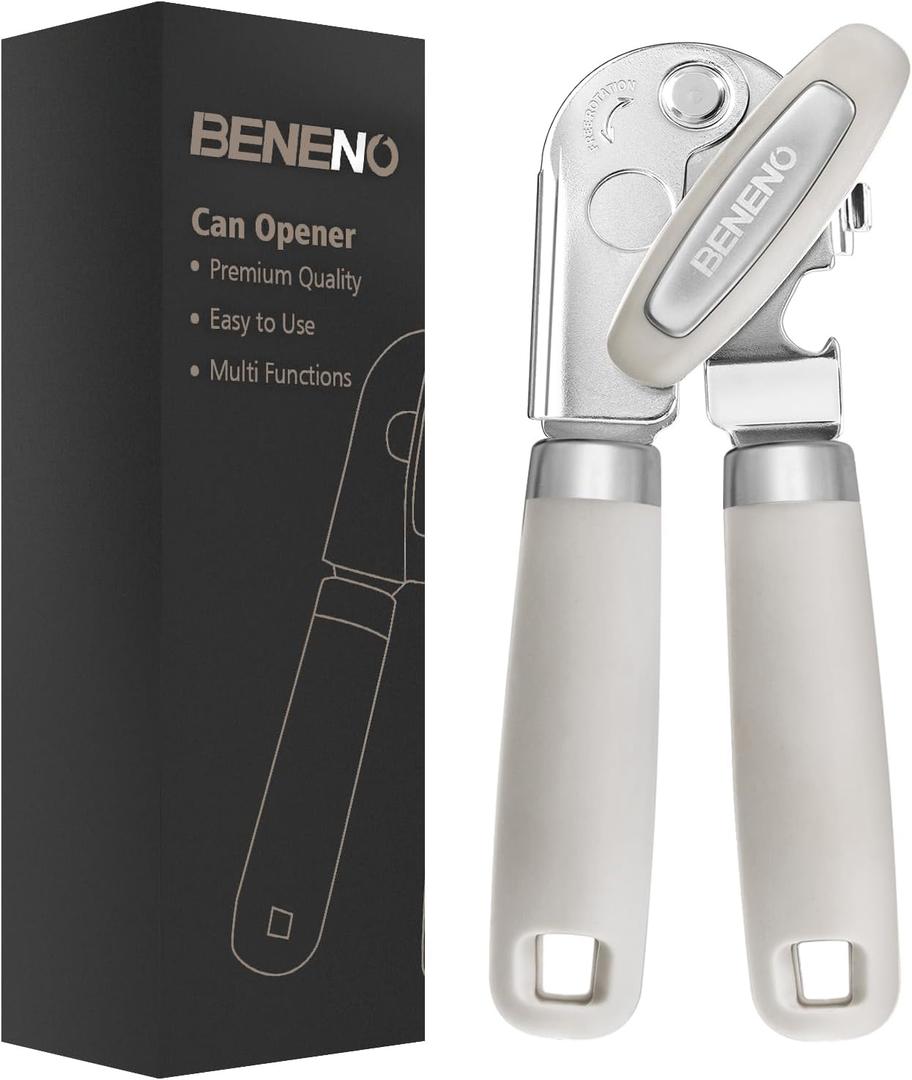 Beneno Heavy Duty Hand Can Opener Manual with Magnet, Durable Sharp Carbon Steel Blade Smooth Cutting, Big Effort-Saving Knob & Soft Grip Handle, Multifunctional Kitchen Tool with Bottle Opener, Beige