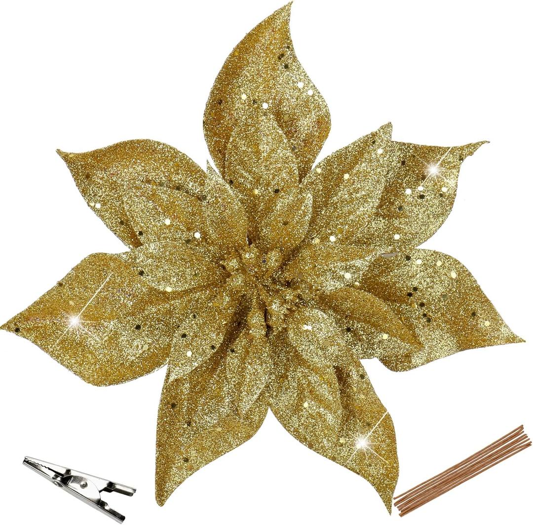 Briful 9'' Christmas Poinsettia Flowers 8PCS Gold Glitter Artificial Flowers Large Christmas Ornament Flowers for Xmas Tree Wreath Garland Decoration