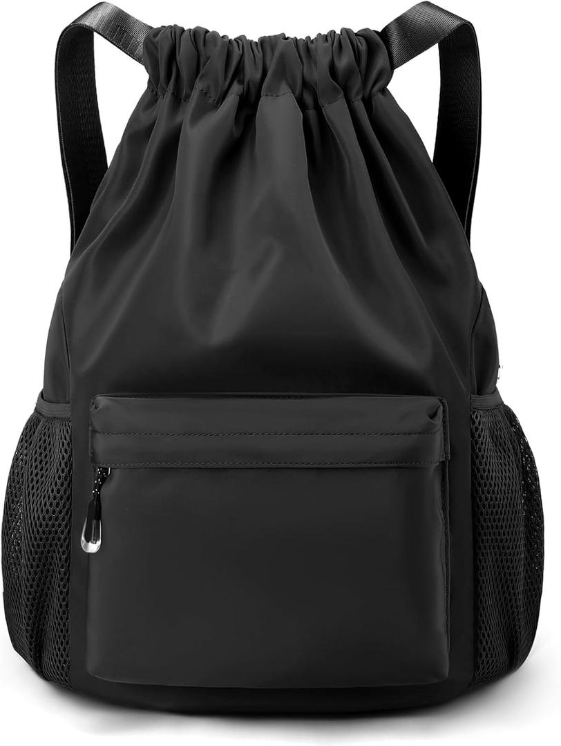 LOKAPEGY Black Drawstring Backpack for Women, Waterproof Drawstring Gym Bag for Men, Small Cinch Sack for Basketball, Pull String Sport Bag for Soccer.