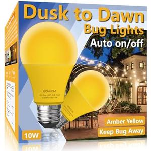 Gonhom Dusk to Dawn Bug Light Bulb Outdoor,2 Pack Amber Bug Light Bulb,Auto On/Off,10W(100W Equivalent),E26 Base,Bug Lights for Outside.Home Hallway Porch Lights.Decorative Lamps.Bedroom