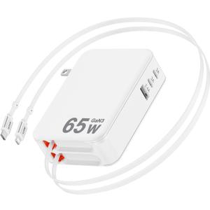 65W Retractable Wall Charger,5 in 1 Retractable Phone Charger Wall Plug with 3 USB Ports, 3.9FT PD USB C Chargers Block Fast Charging for iPhone 17 16 15,MacBook Pro/Air,Galaxy 24 23,Pixel,Travel