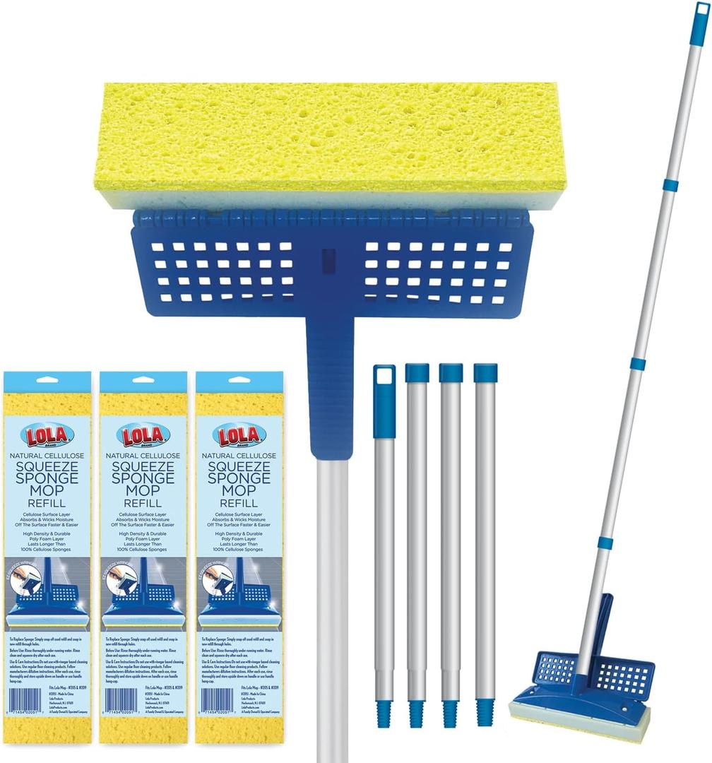 LOLA Squeeze Sponge Mop w/ Poly Foam & a Natural Cellulose Layer & 3 Replacement Heads / Refill Bundle, Absorbs & Wicks Moisture, Floor Cleaner