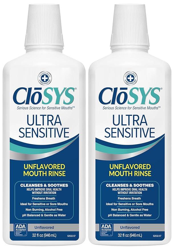 CloSYS Ultra Sensitive Mouthwash, 32 Oz, Pack of 2, Alcohol Free Mouthwash, Unflavored Mouth Wash, Dye Free, pH Balanced, Helps Soothe Entire Mouth