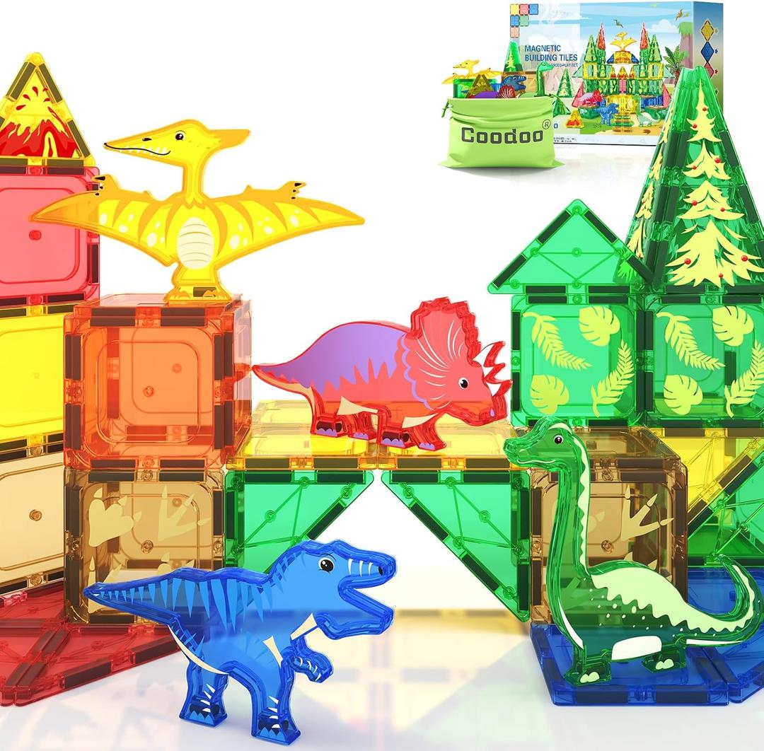 Coodoo Dinosaur Toys Magnetic Tiles - Magnet Building Blocks for Toddler Kids Toys STEM Sensory Outdoor Toy for 3+ Year Old Boys and Girls, Dinosaur World Creative Games Kids