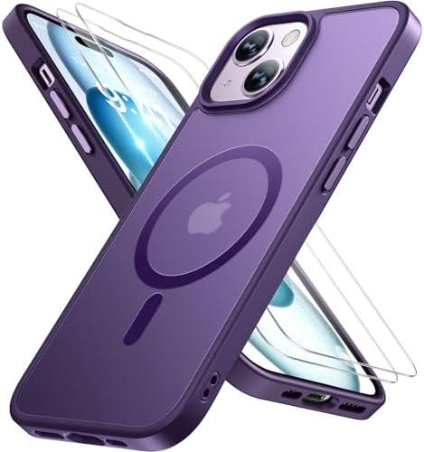 Miracase Magnetic for iPhone 15 Plus Case 6.7 inch (Compatible with MagSafe)（with 2X Screen Protectors） Military-Grade Protection, Anti-Fingerprint Translucent Matte Phone Cover, Dark Purple