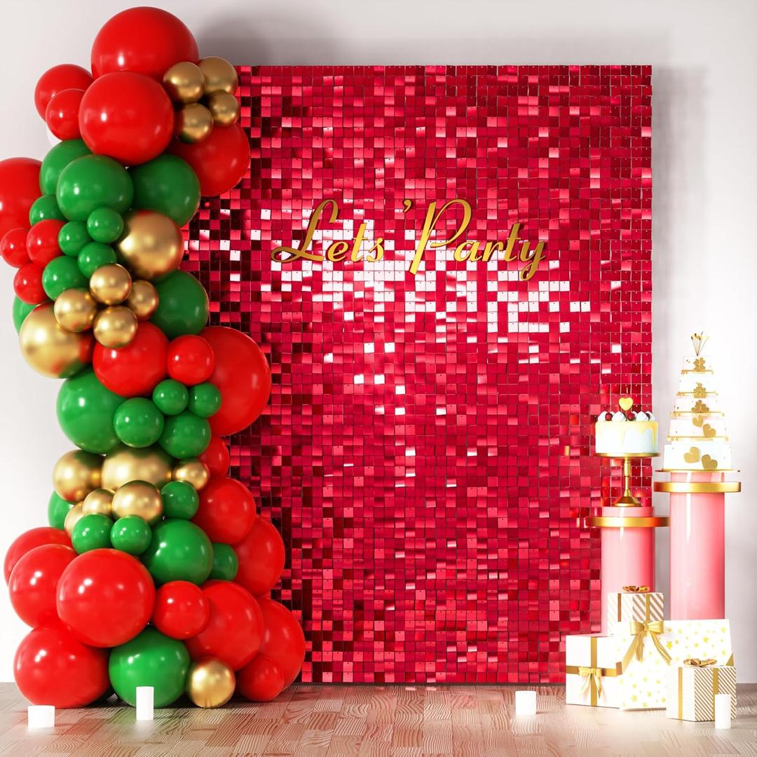 COKAOBE Red Shimmer Wall Backdrop, 24PCS Square Sequin Shimmer Backdrop Panel, Photo Backdrops for Birthday, Anniversary, Wedding, Graduation & Bachelorette Party Decoration