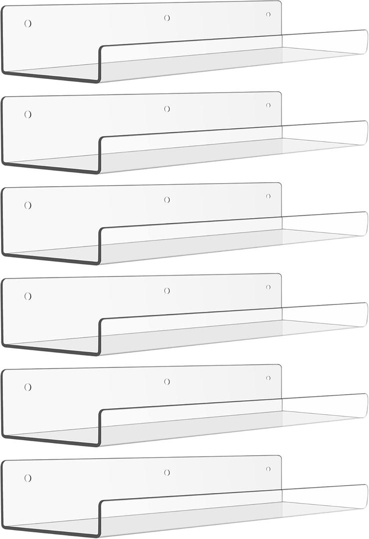 upsimples 6 Pack Acrylic Shelves for Wall Storage, 15" x 4 Floating Bookshelves for Kids, Display Shelf Organizer for Bathroom, Bedroom, Living Room, Kitchen, Room Decor, Clear