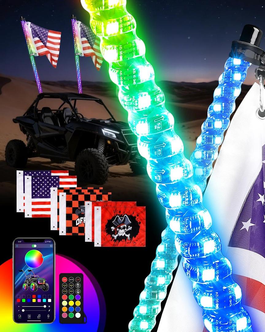 AUTOOMMO 4FT RGB LED Whip Lights (2 Pack) - 3X Ultra Brighter w/Turn & Brake Sync, Music Sync, APP/Remote, 366 Modes - IP68 Waterproof Lighted Antenna Whips w/ 6 Flags for UTV ATV SXS RZR Can-Am